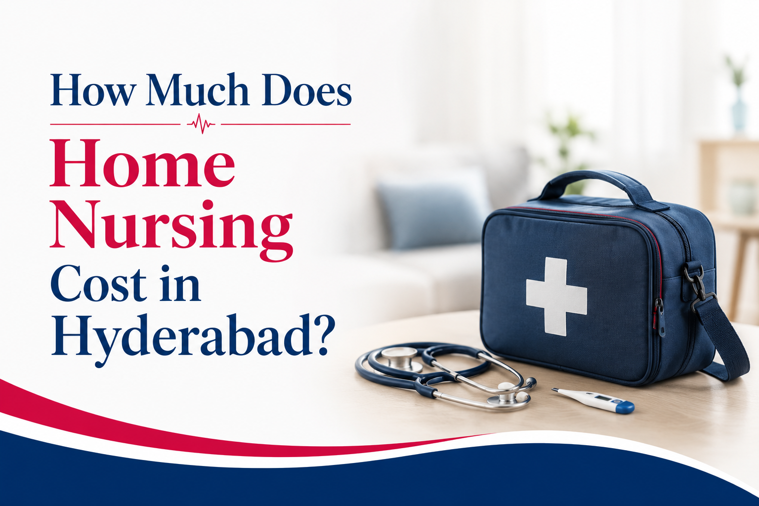 Banner about home nursing costs in Hyderabad, featuring a blue medical bag, stethoscope, and thermometer on a table.